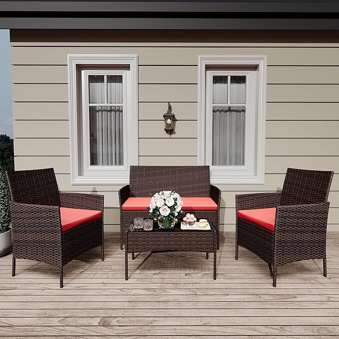 Patio Furniture Set 4 Pieces, Outdoor Patio Furniture Set with Rattan Wicker Chairs, Glass Table and Cushions for Porch, Balcony, Backyard, Garden, Poolside, Brown & Red