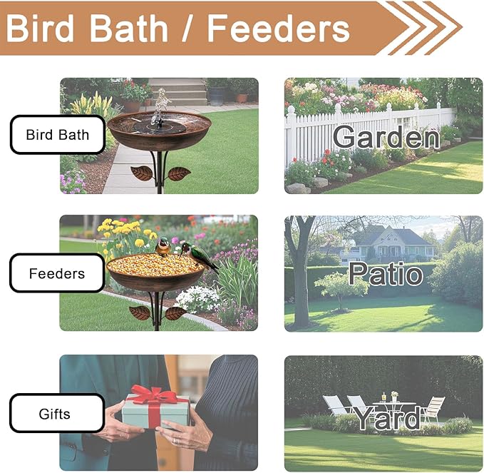 Metal Bird Bath for Outdoors, 12" Dia Bowl with Stable Upgrades Stake Birdbaths Garden Yard Lawn Decor 0.7 Gallon