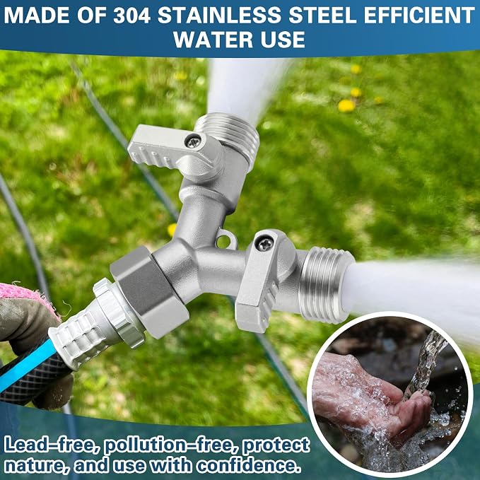 Garden Hose Splitter 2 Way Heavy Duty, 304 Stainless Steel 2Way Hose Splitter, 3/4'' GHT Water Hose Splitter 2 Way, Full Flow Garden Hose Y Splitter(All Components are Stainless Steel)