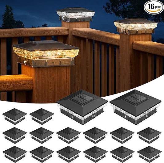 APONUO Solar Post Cap Lights for 4x4 Wood &Vinyl Posts, 3 Light Modes & 800mAh Battery, IP65 Waterproof Rugged Unibody, Solar Outdoor Lights for Fence, Deck & Patio (Black, 16 Pack)