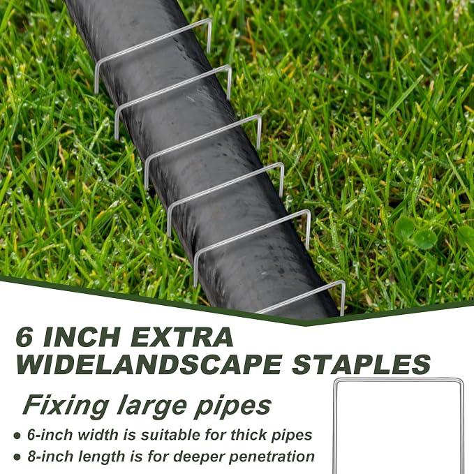 Wonderjune 50 Pack Heavy Duty Wide Landscape Staples, 7 Gauge Galvanized Steel Turf Stakes Garden Stakes Bulk, U Type Anchor for Grass, Securing Weed Barrier Fabric, Pipes, Sod (8"x6")