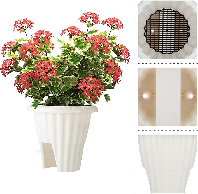 Railing Planter Box 2-Pack - 13.5-Inch Round Outdoor Flower Pots with Drainage Inserts - 2.64-Gallon Outdoor Planters for Porch, Deck, Fence, or Balcony Railings 3” - 3.75” Wide by Pure Garden (White)