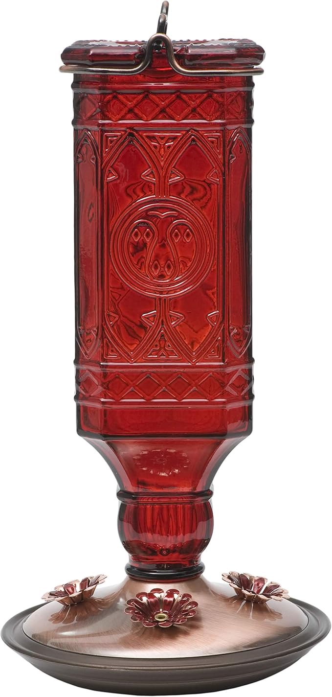 Perky-Pet Red Square Antique Bottle Glass Hummingbird Feeder - Humming Bird Feeders for Outdoor Garden Decor - 24 Oz Nectar Capacity - 8116-2