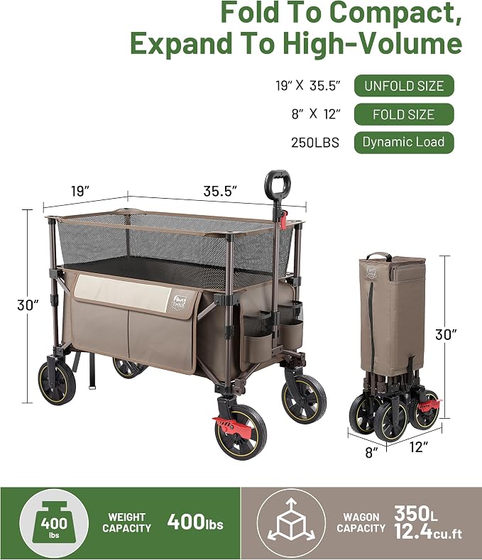 Timber Ridge 350L Extra Large Collapsible Folding Wagon Carts with Brake, Heavy Duty Outdoor Camping Utility Wagons with Extended Height, Adjustable Handle, Cup Holders, Side Bag(Tan)
