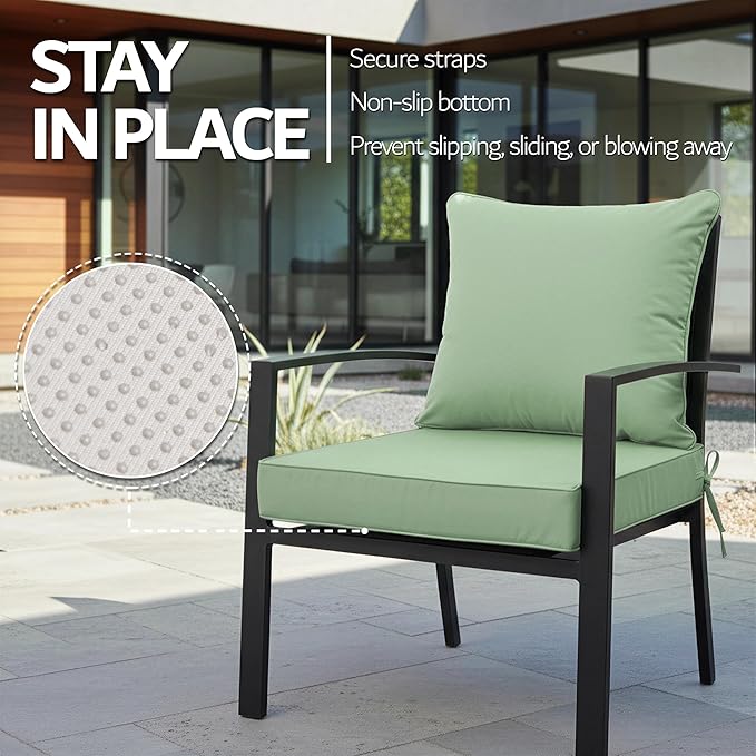 22x22 Inch Patio Chair Cushions Set of 4, Outdoor Furniture Cushions - Removable Cover, Water-Repellent, Fade-Resistant, Non-Slip Bottom & Straps, Replacement for Lawn, Porch & Deck Chair - Sage Green