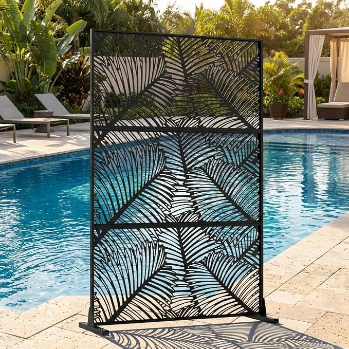 72" h × 47" w Outdoor Privacy Screen, Laser Cut Metal Garden Divider Panel with Tropical Leaf Design, Freestanding Weatherproof Privacy Fence for Patio Deck Backyard Balcony