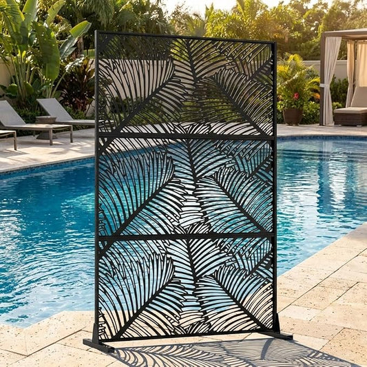 72" h × 47" w Outdoor Privacy Screen, Laser Cut Metal Garden Divider Panel with Tropical Leaf Design, Freestanding Weatherproof Privacy Fence for Patio Deck Backyard Balcony