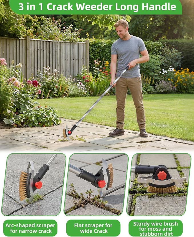 3-in-1 Crack Weeder Long Handle, Adjustable Crevice Weeding Tool with Stainless Steel Weed Brush and 2 Scrapers Weed Puller Tool for Driveway, Sidewalk, Lawn to Remove Weeds Moss Dirt (58.6")