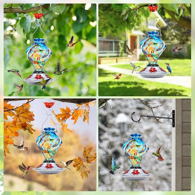 Hummingbird Feeder, BOLITE Glass Hummingbird Feeders for Outdoors Hanging, Hand Blown Twisted with Ant Moat and Five Feeding Ports, 24 Ounces, Leak Proof, Blue, Gifts for Women Men, Gifts for Mom Dad