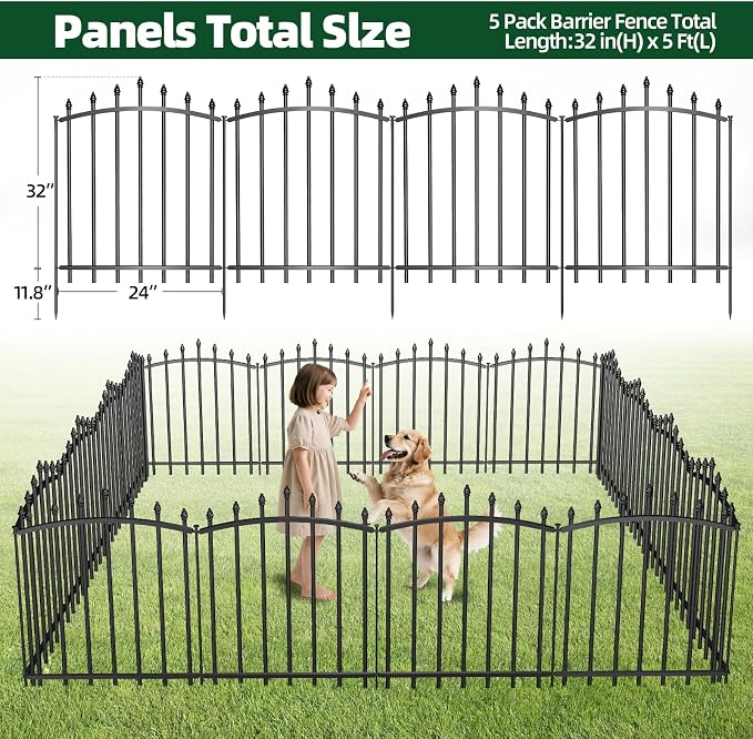 5 Panels，No Dig Edging Decorative Garden Fence，32 in （H） x 24 in（L），Metal Rustproof Panel，Outdoor Dog Fence，Animal Isolation Fence Suitable for Gardens，Roman Column Black