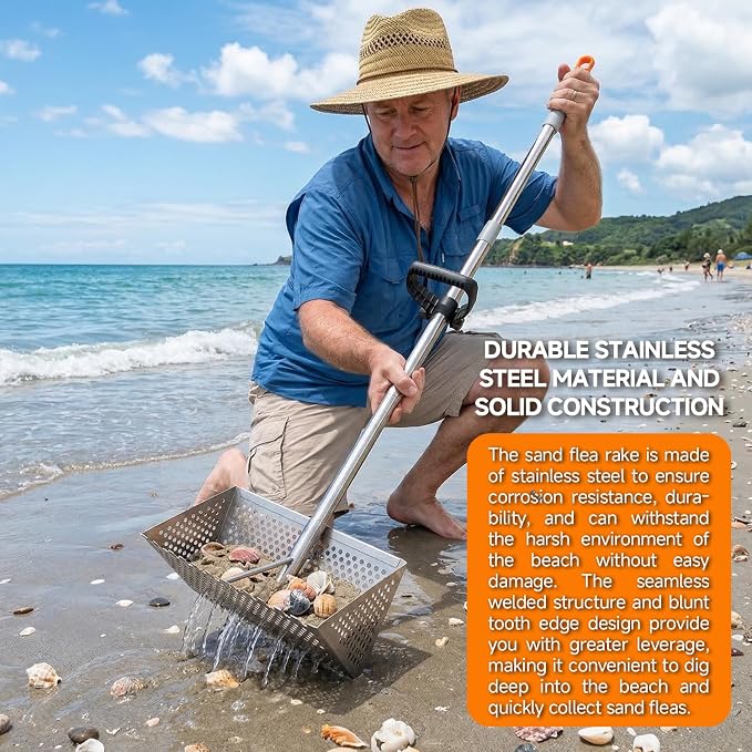Sand Flea Rake with Beach Mesh Shovel, Detachable Long Handle Sand Sifter for Beach, The Shark Tooth Screen Comes with 16in Width Drain Screen with 52in Handle