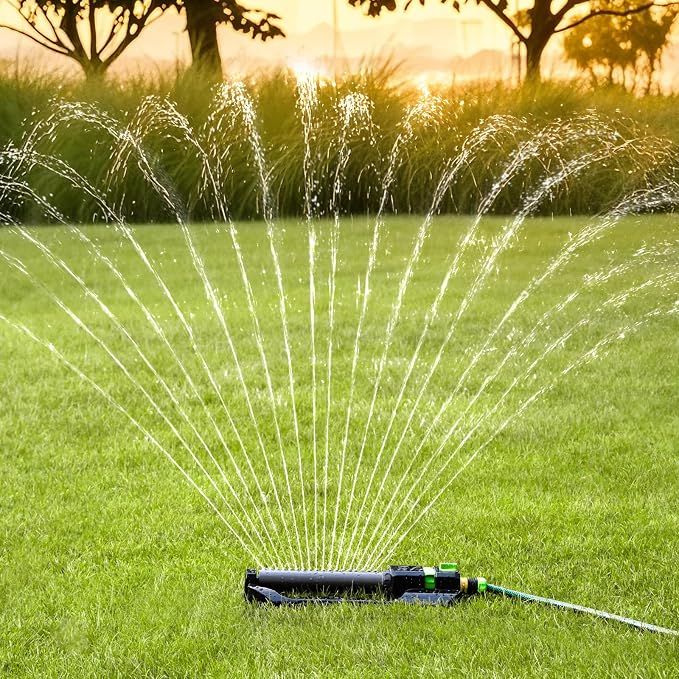 RESTMO Heavy Duty Oscillating Sprinkler with Metal Base, Adjustable Flow Control Lawn Watering System, Covers Up to 3,600 Sq. Ft. for Garden, Yard