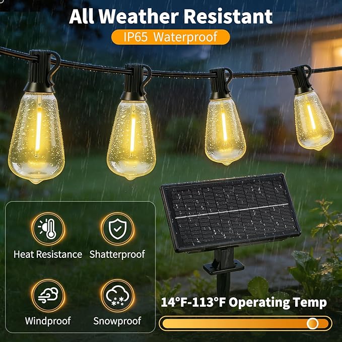 Outdoor Solar String Lights Waterproof: ST38 82ft Shatterproof Patio Lights - Solar Powered & USB Dual Charging - 3 Modes Button Control - Garden Backyard Gazebo Porch Party Decor