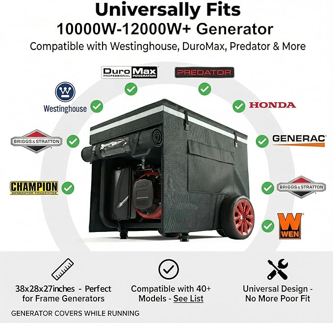 Generator Cover, Generator Covers While Running, 38 "L x 28" W x 27 "H Heavy Duty Waterproof Generator Cover for Outside, 900D+210 Double Layer Production, for 12000W+ Frame Type Generators,Black