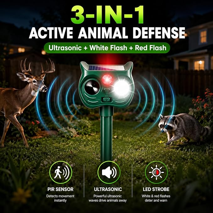 4 Pack New Sonic Fortress Pro Deer Repellent Devices,Solar Ultrasonic Animal Repeller Outdoor for Racoons,Squirrels,Cats,Rabbits,Skunks & Foxes,Waterproof Motion Sensor Animal Deterrent for Garden