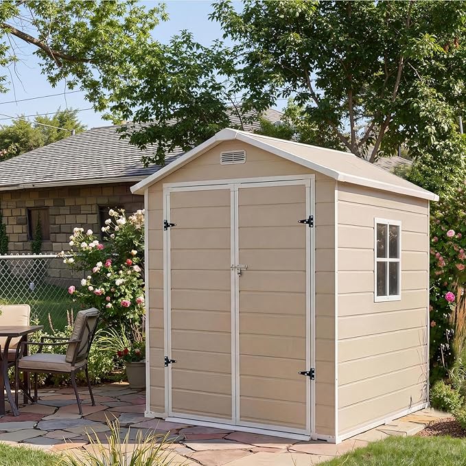 Resin Outdoor Storage Sheds 4x6 ft, Upgraded Double-Wall Outdoor Plastic Shed with Window & Double Doors, Waterproof Lockable Garden Shed (Light Brown, 6 X 4 ft)