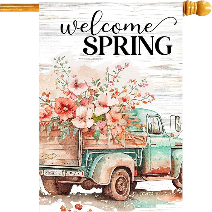 Spring Flags 28"x40" Double Sided Welcome Floral Truck Spring House Flag Burlap Yard Garden Banner for Outdoor Porch Decoration