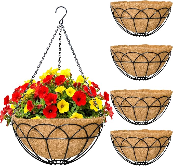 4 Pack 14 Inch Black Wire Hanging Planter with Coir Fiber Outdoor Round Hanging Basket with Metal Chain for Balcony Porch Farmhouse Country Style Garden Decor (Lotus Pattern)