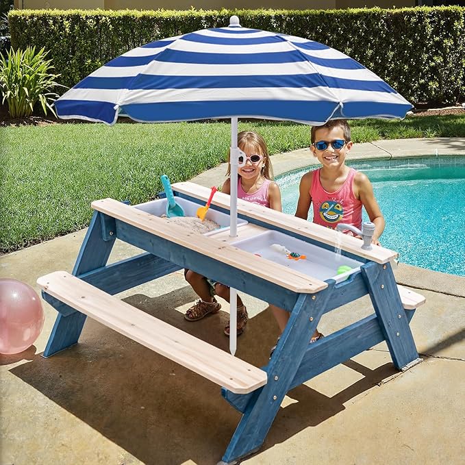 Kids 3-in-1 Sand & Water Table, Wood Outdoor Convertible Picnic Table w/Umbrella, 2 Trays, Removable Top with Faucet, Picnic Table for Outdoor Playset (Blue/Navy)
