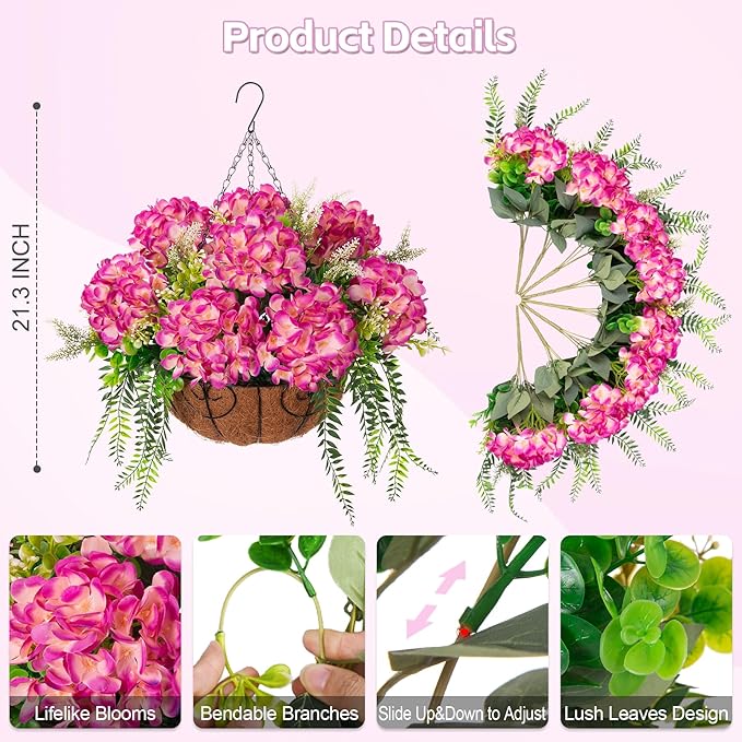 Ammyoo Artificial Hydrangea Flowers with Hanging Basket Planter for Spring Decoration, Fake Silk Flowers Outdoor Arrangements, Faux Hanging Plants for Garden Balcony Outside Decor (Fuchsia)
