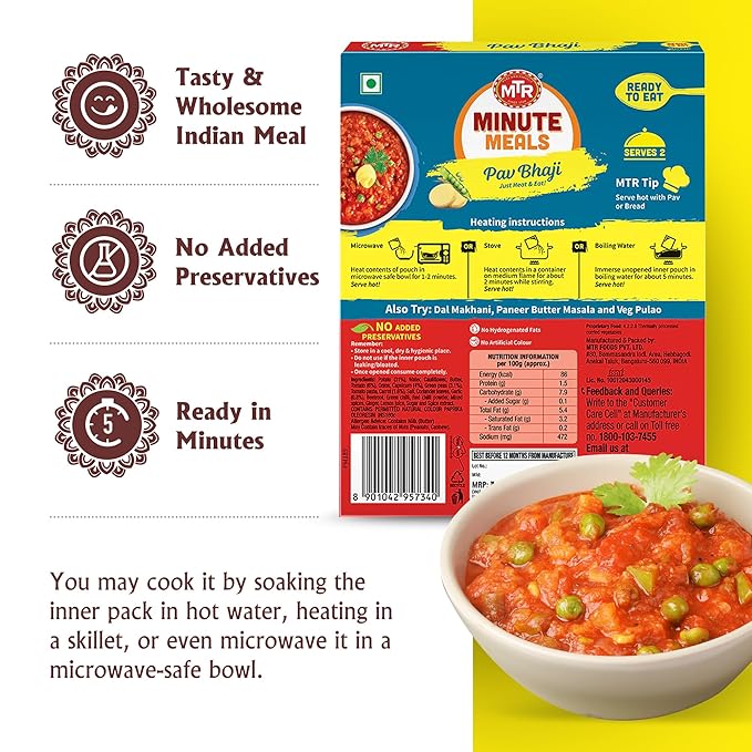 MTR - Pav Bhaji - Spiced Vegetable Gravy - Authentic Indian Ready-to-Eat Meal - Plant-Based, Delicious Microwaveable Meal - Quick & Easy Nutritious Indian Food - Suitable for Vegetarians (Pack of 6)