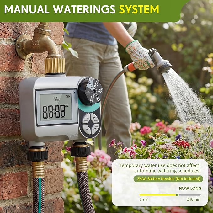 Kingdder Sprinkler Timer for Yard with Brass Inlet and Outlet Watering Timer for Garden Hose Timers Automatic Irrigation System with Rain Delay/Manual/ IP54 Waterproof(2 Outlet)