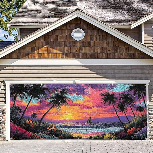 7 * 16FT Summer Sunset Garage Door Cover Decorations Sunset Palm Trees Garage Door Banner for Outdoor Indoor Summer Party Photography Backdrop