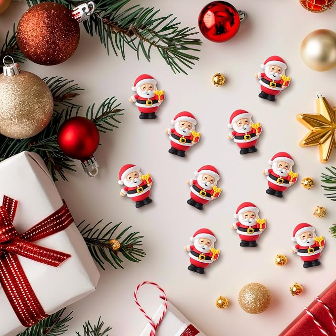 Chunful 100 Pcs Christmas in July Mini Santa Figurines Holding a Gift Tiny Santa Rubber Figure to Hide and Seek Small Statue Xmas Party Supplies Gifts for Xmas Fairy Garden Home Table Decor (Gift Box)