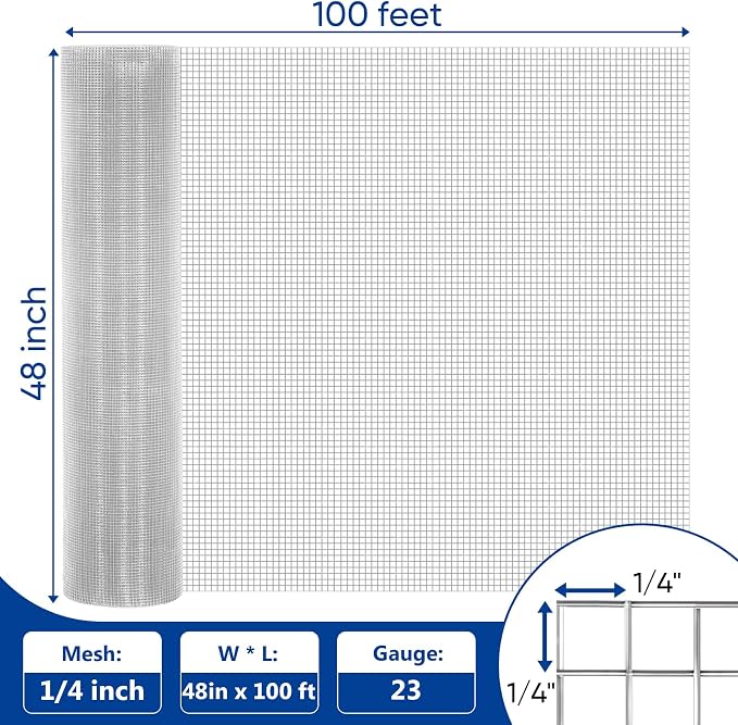 Hardware Cloth 1/4 Inch 48 x 100 ft 23 gauge Hot Dipped Galvanized After Welding Fence Wire Mesh Roll Hardware Mesh Chicken Rabbit Snake Cage Welding Fencing