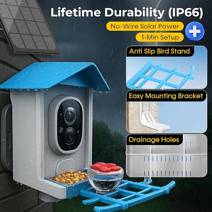 Smart Bird Feeder with Camera - 2K Live Stream, AI Species Recognition, Solar-Powered, Motion Alerts, Squirrel-Proof Weight-Sensor + Large Capacity, Weatherproof Design, Gift for Birds Lover