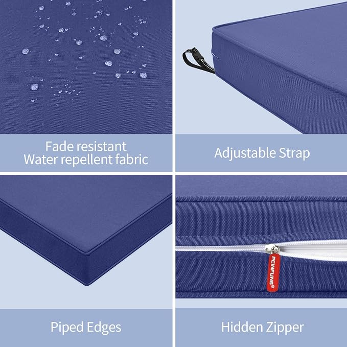 Patio Chair Cushions 22x22 Inch, Water Repellent Outdoor Seat Cushions with Adjustable Straps, Fade Resistant Replacement Cushions for Garden Deck Sofa Couch, Set of 2, Deep Blue