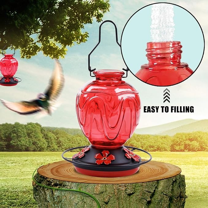 2 Pack Glass Hummingbird Feeder for Outdoors Hanging, 24Ozs Humming Bird Nectar Feeder w/Perch, 5 Flower Feeding Ports, Leak Proof Base and Hook for Outside Garden Backyard Decor, Red