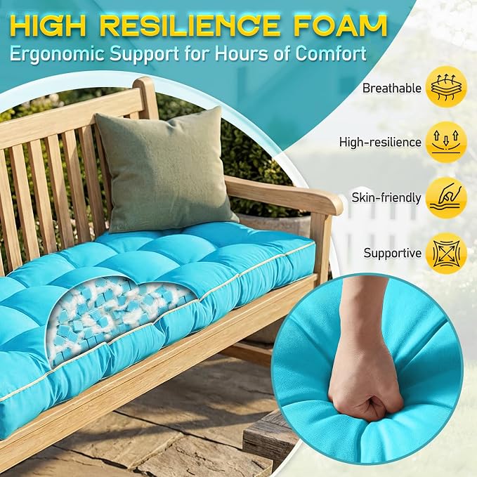Outdoor Bench Cushion, Tufted Patio Seat Pad for Garden Bench, Porch Swing, Indoor/Outoor Furniture (Teal Blue, 60X18X5)