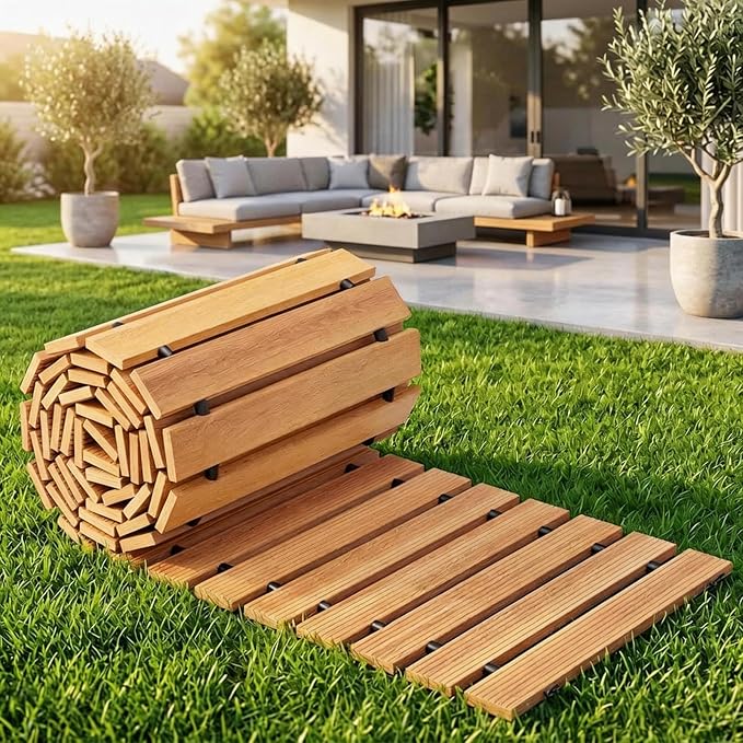 Wooden Garden Pathway Outdoor Walkway - 8 FT Roll Out Outdoor Pathway with Ground Stakes, Boardwalk Pavers for Outside Walkway, Non-Slip Garden Path for Backyard Decor, Lawn Landscaping, Natural