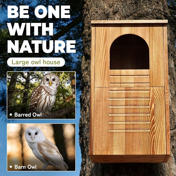 Screech Barred Owl House, 25" Extra Large Owl Bird Box Handmade Wooden Circular Opening for Outside with Mounting Screws and A Bag of Wood Shavings, Easy Assembly Required (Brown, 14"x25")