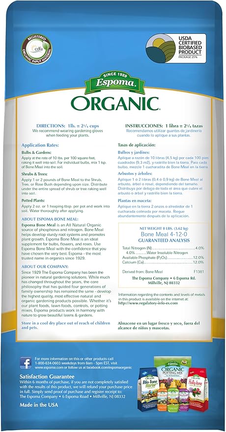Espoma Organic Bone Meal Fertilizer 4-12-0. All-Natural Plant Food Source of Nitrogen and Phosphorus for Organic Gardening. for Bulbs & Other Flowering Plants. 8 lb. Bag. Pack of 1