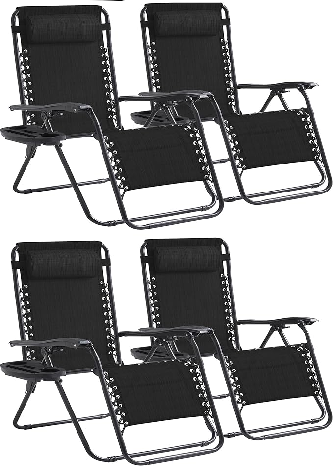 Zero Gravity Chair Set of 4 Oversized Folding Recliner, Padded Anti Gravity Lounge Chair with Adjustable Pillow & Cup Holder for Outdoor Camping, Patio, Poolside, Lawn (Black)
