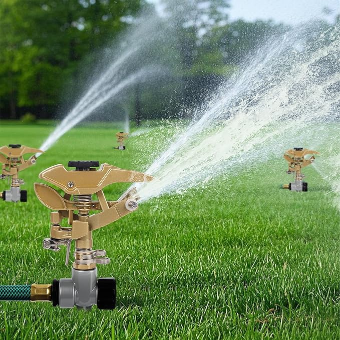 Biswing 2 Pack Impact Sprinklers on Metal Step Spike, Heavy Duty Zinc Alloy Lawn Sprinkler Head on Spike Base, Adjustable 360 Degree Watering Sprinkler for Large Area Grass Garden Irrigation