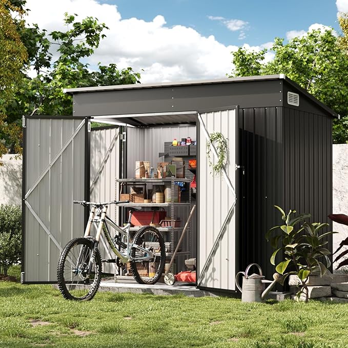 Outdoor Storage Shed, Metal Garden Tool Shed with Sloping Roof & Lockable Door for Patio Lawn Backyard (Brown, 10x8FT)