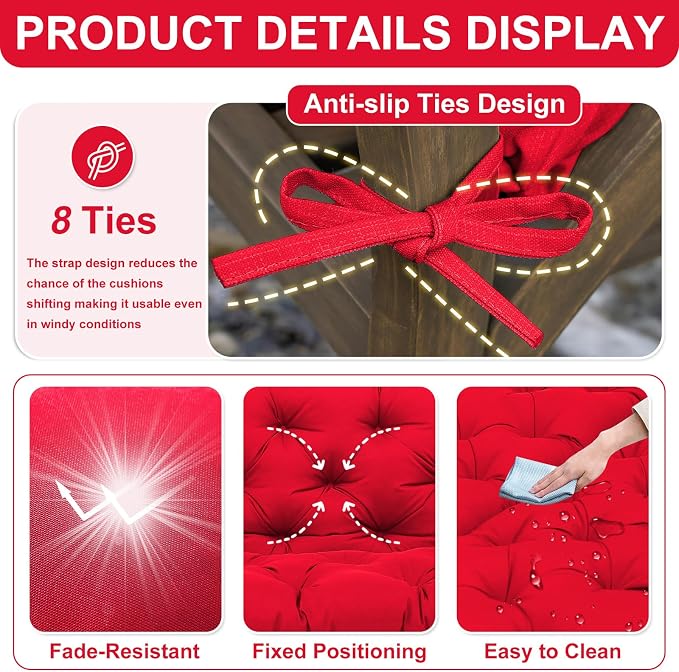 Porch Swing Cushions 40 inch Waterproof & Fade Resistant Thicken 5" Outdoor Swing Cushions 2 Seater Replacement with Backrest & Ties Patio Swing Cushions for Outdoor Furniture (Red)