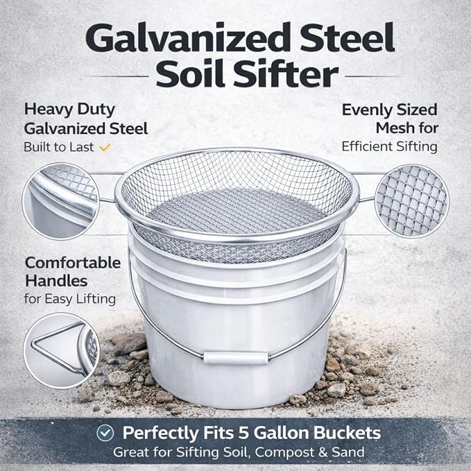 Soil Sifter with Handle, Fits 5-Gallon Buckets — Heavy-Duty Garden Soil Filter Tool (2 PCS 1/4in,1/8in)