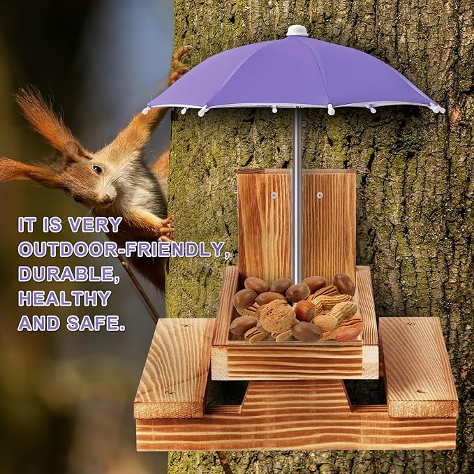 Gnodary Squirrel Feeder with Umbrella, Squirrel Feeders for Outside, Squirrel Picnic Table Feeder - Chipmunk Feeder Hold Corn, Corn Cob, Peanuts Style2 (Purple)
