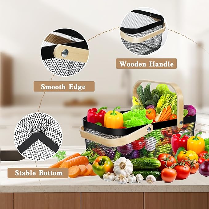 Dualshine 2 Pack Garden Harvest Basket, Metal Mesh Wire Picnic Basket with Handle, Rectangle Garden Baskets for Gathering Vegetables, Fruits, Kitchen, Home Cabinet Closet and Office(Black)