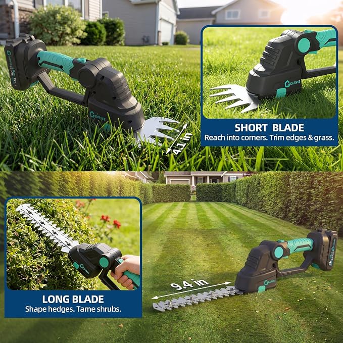 Cordless Hedge Trimmer and Grass Shear 2 in 1, 20V Electric Handheld Shrub Trimmer with 2 Batteries and Charger, Adjustable Head, Dual Safety Lock for Lawn and Garden Care