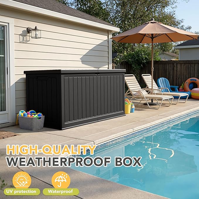 270 Gallon HDPE Deck Box Outdoor Indoor Waterproof Storage Box for Patio Furniture, Pool Accessories, Garden Tools, and Cushion Storage, Black