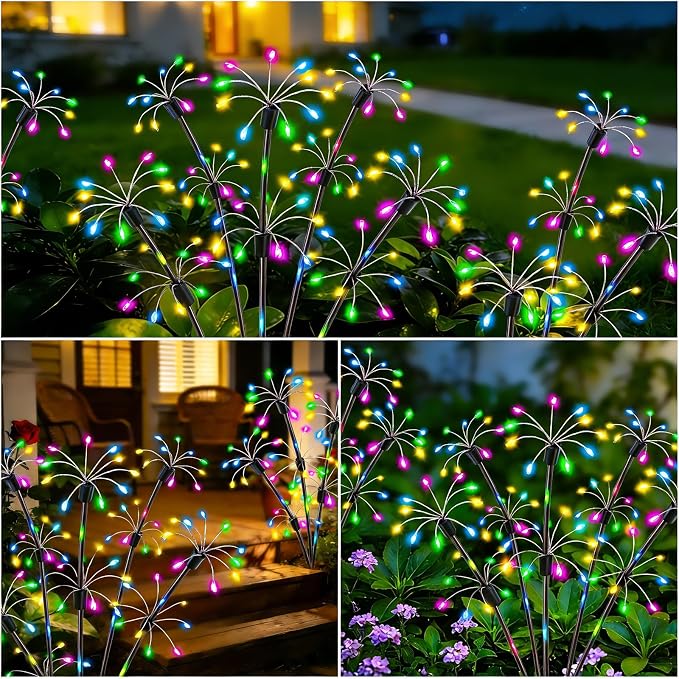 Solar Garden Lights Outdoor, 4 Pack 2-Layer Multicolor Solar Firework Lights, Waterproof Starburst Fairy Light Garden Decor for Yard Patio Pathway Lawn, Unique Gifts for Women Mom Grandma Mother's Day
