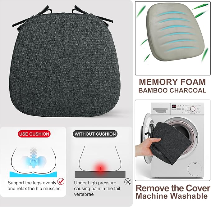 SINOSSO 4 Pack Memory Foam Chair Cushions for Dining Chairs, Friendly Woven Fabric 16" U-Shape Comfortable Kitchen Chair Pads, Removable Slip Resistant Seat Cushions (Set of 4, Black)