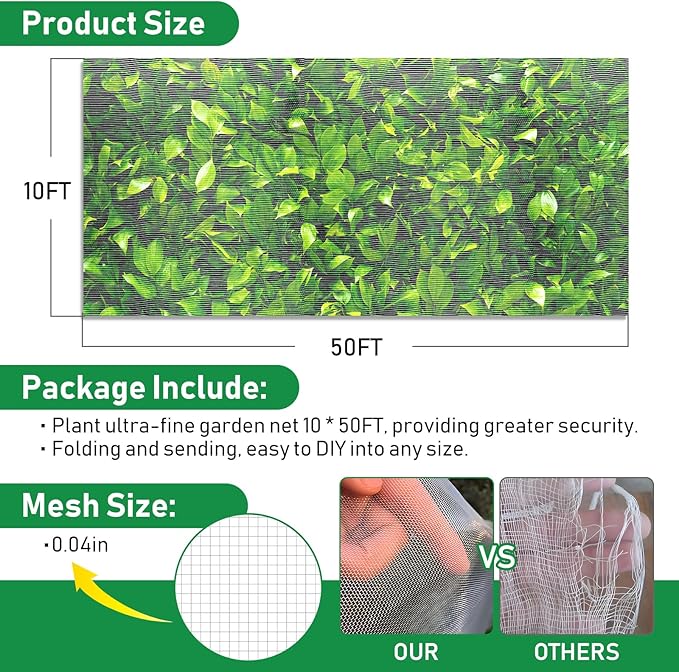 2Pack 10x50ft Garden Netting Mesh Barrier, Ultra Fine Mosquito Net for Patio,Garden Netting for Raised Beds,Fruit Tree Netting for Garden Protection Blueberry Bush Netting Cover