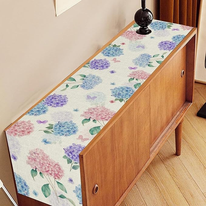Pink Hydrangea Table Runner, Rustic Spring Floral Watercolor Butterfly Summer Seasonal Boho Flower Coffee Table Center Decor for Family Kitchen and Dining Party Farmhouse Table Decorations, 13"x36"