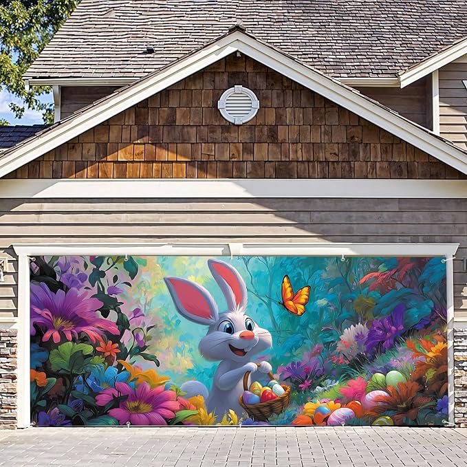 7 * 16FT Summer Garage Door Cover Decorations Sunset Palm Trees Garage Door Banner for Outdoor Indoor Summer Party Photography Backdrop (easter rabbit, 7 * 16 ft)
